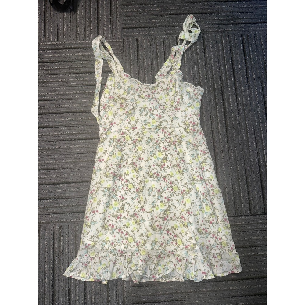 Wild Fable Floral Tie Strap Mini Dress White Ruffle Hem Smocked Back Sleeveless